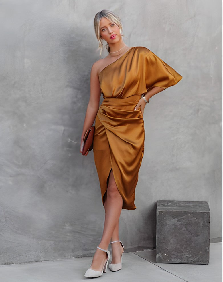 Kastanja | Women's One-Shoulder Ruched Midi Dress