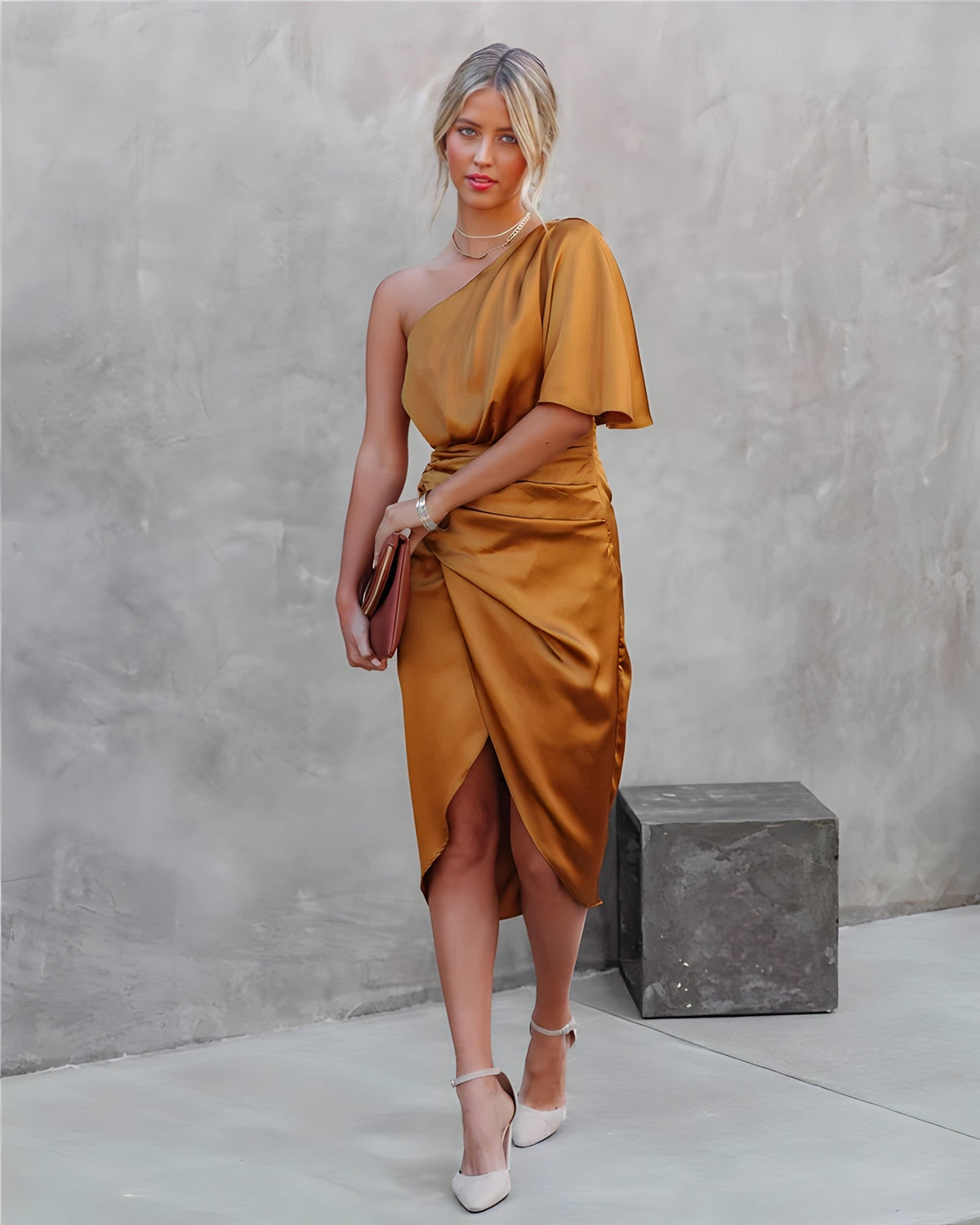 Kastanja | Women's One-Shoulder Ruched Midi Dress
