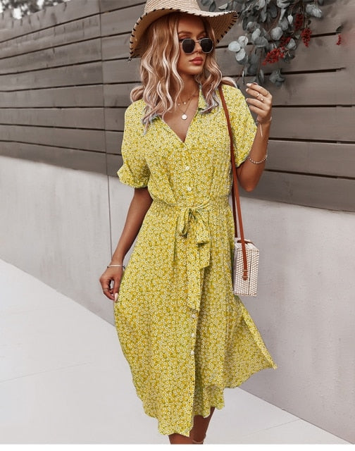 Judith | Women's Floral V-Neck Midi Dress with Belt