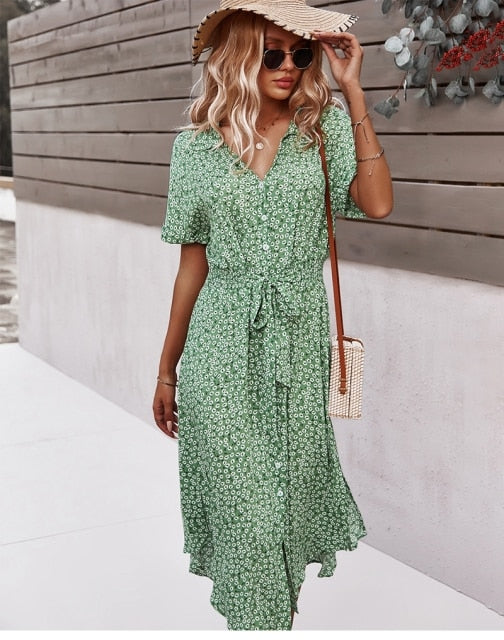 Judith | Women's Floral V-Neck Midi Dress with Belt