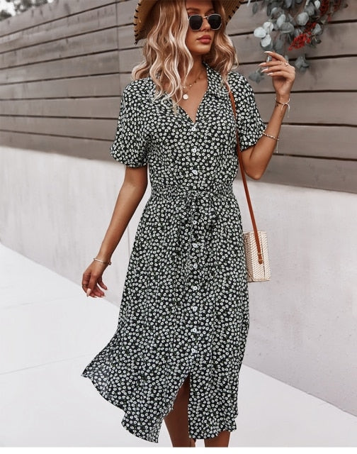 Judith | Women's Floral V-Neck Midi Dress with Belt