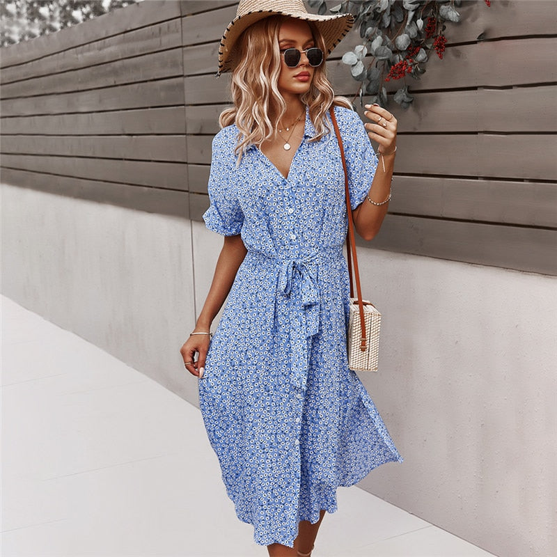 Judith | Women's Floral V-Neck Midi Dress with Belt