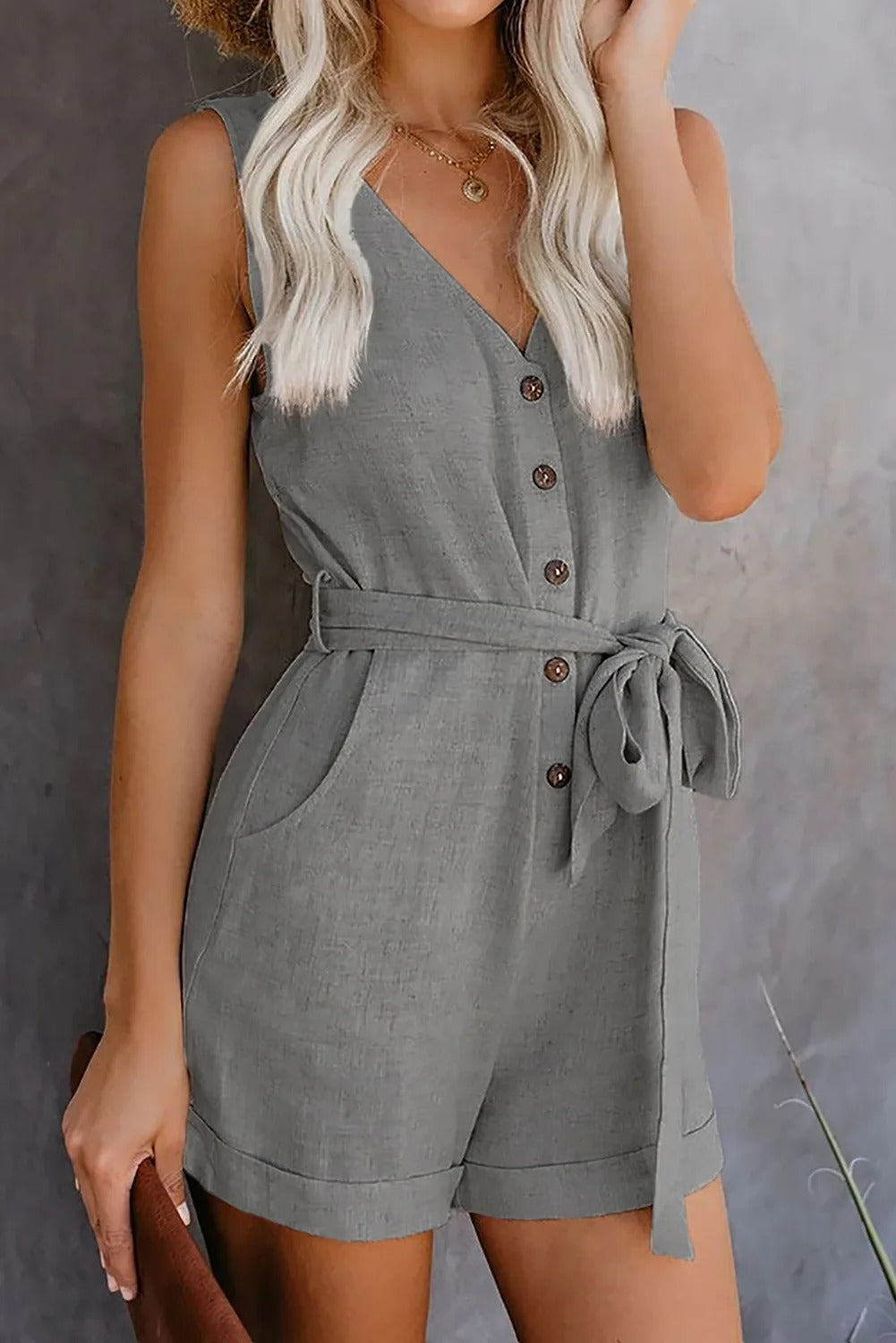 Lucia | Women's V-Neck Belted Jumpsuit with Pockets