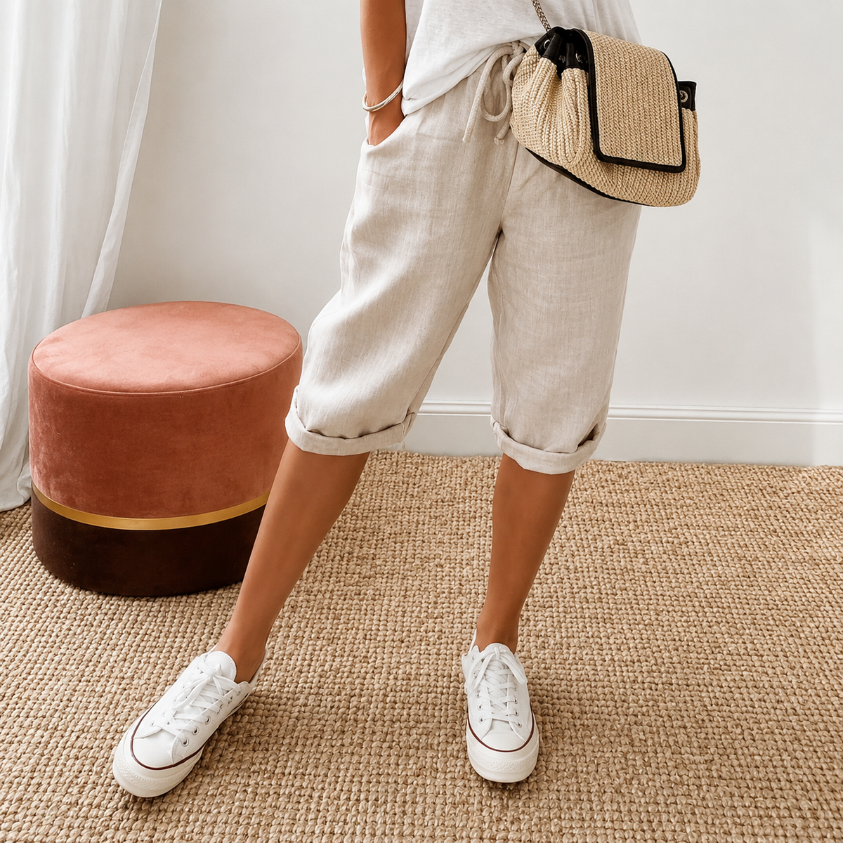 Elena | Women's High-Waist Cropped Trousers with Drawstring Waist
