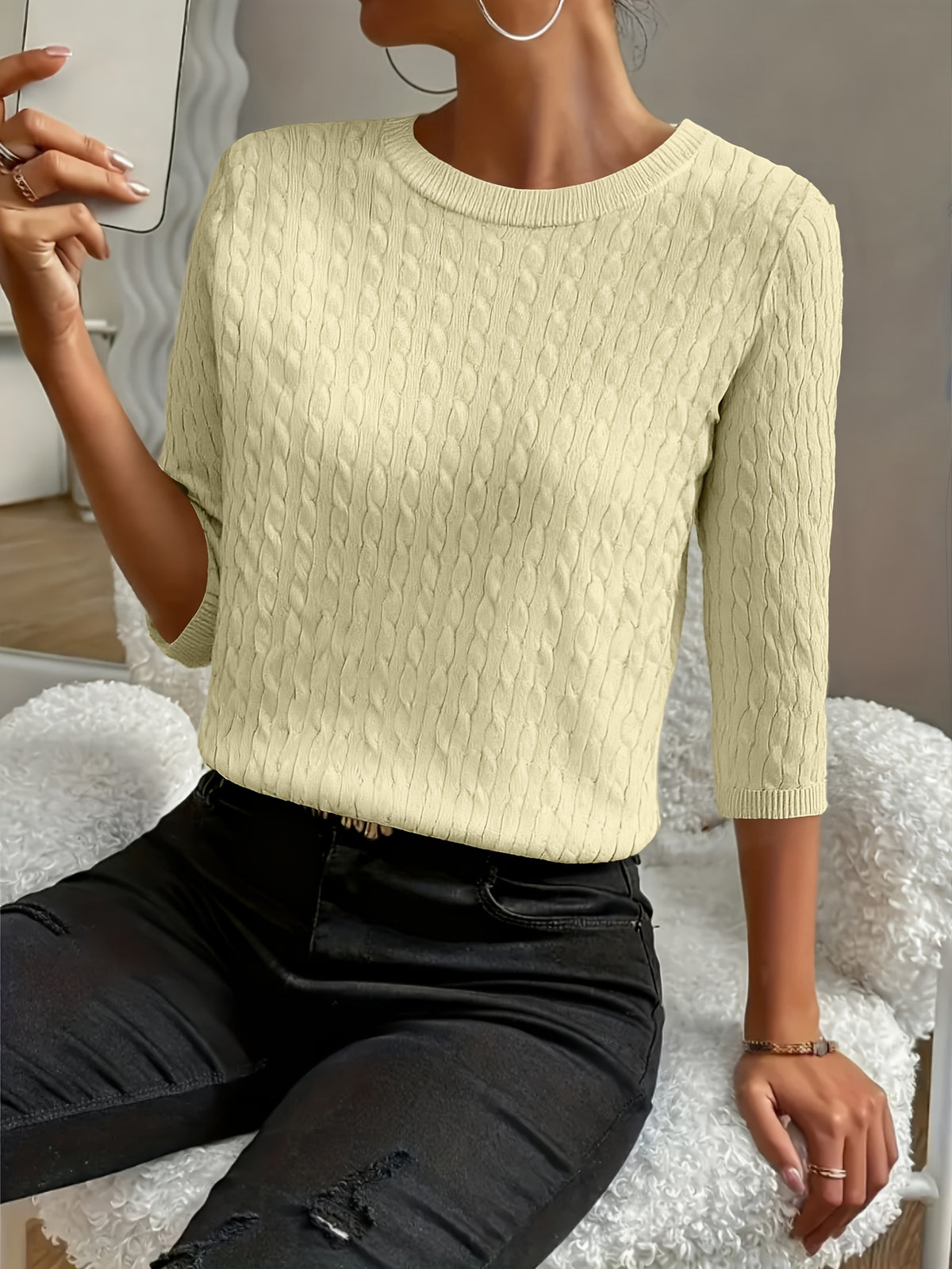Kristin | Women's Ribbed Crew Neck Three-Quarter Sleeve Sweater
