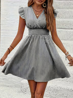 Michelle | Women's Wrap V-Neck Striped Flutter-Sleeve Midi Dress