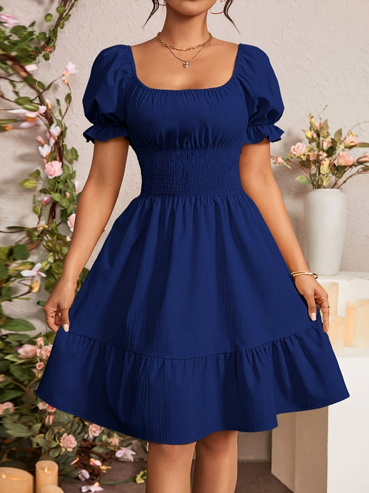 Mieke | Women's Square-Neck Puff-Sleeve A-Line Midi Dress