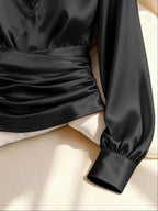 Kelda | Women's Ruched Waist V-Neck Satin Blouse
