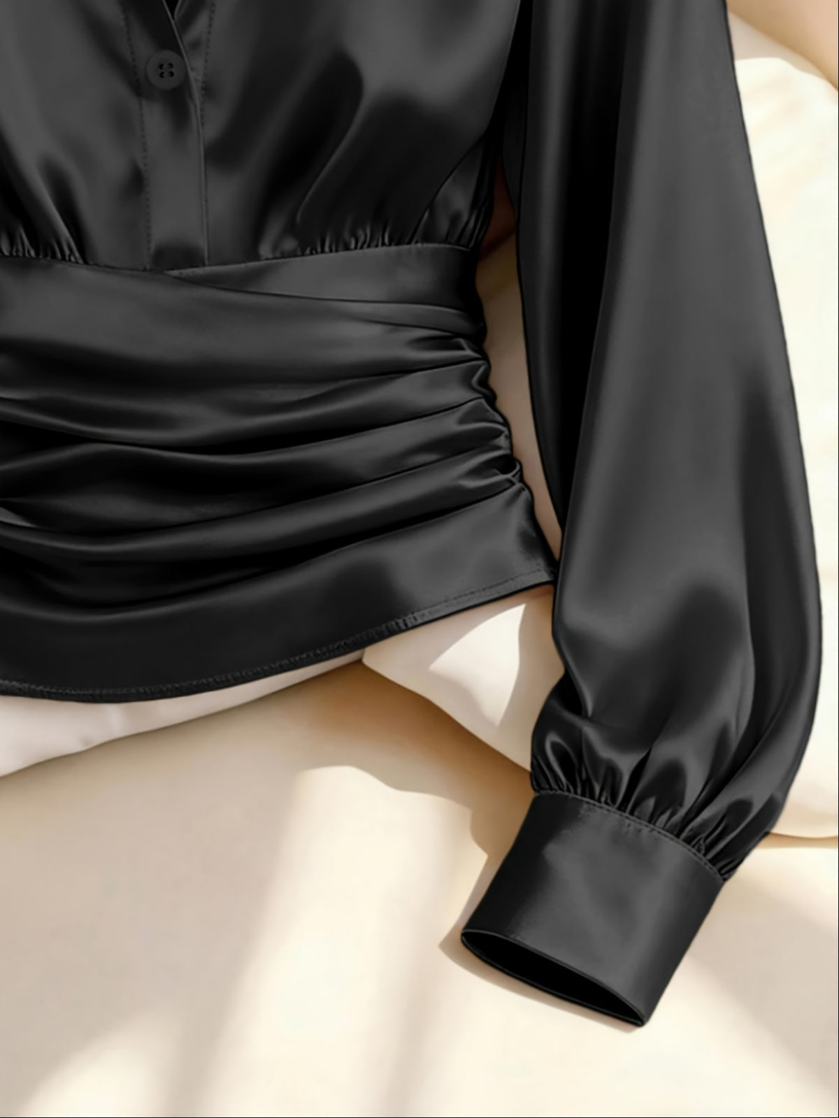 Kelda | Women's Ruched Waist V-Neck Satin Blouse