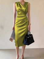 Maline | Women's Draped V-Neck Satin Midi Dress