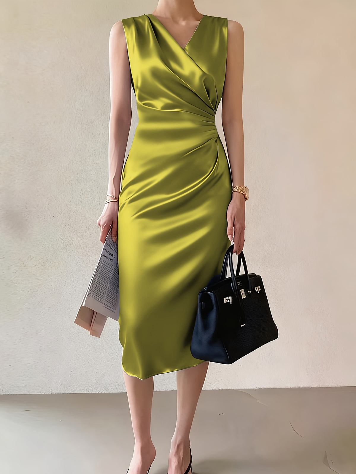 Maline | Women's Draped V-Neck Satin Midi Dress