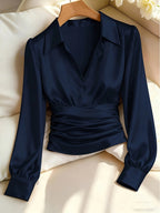 Kelda | Women's Ruched Waist V-Neck Satin Blouse
