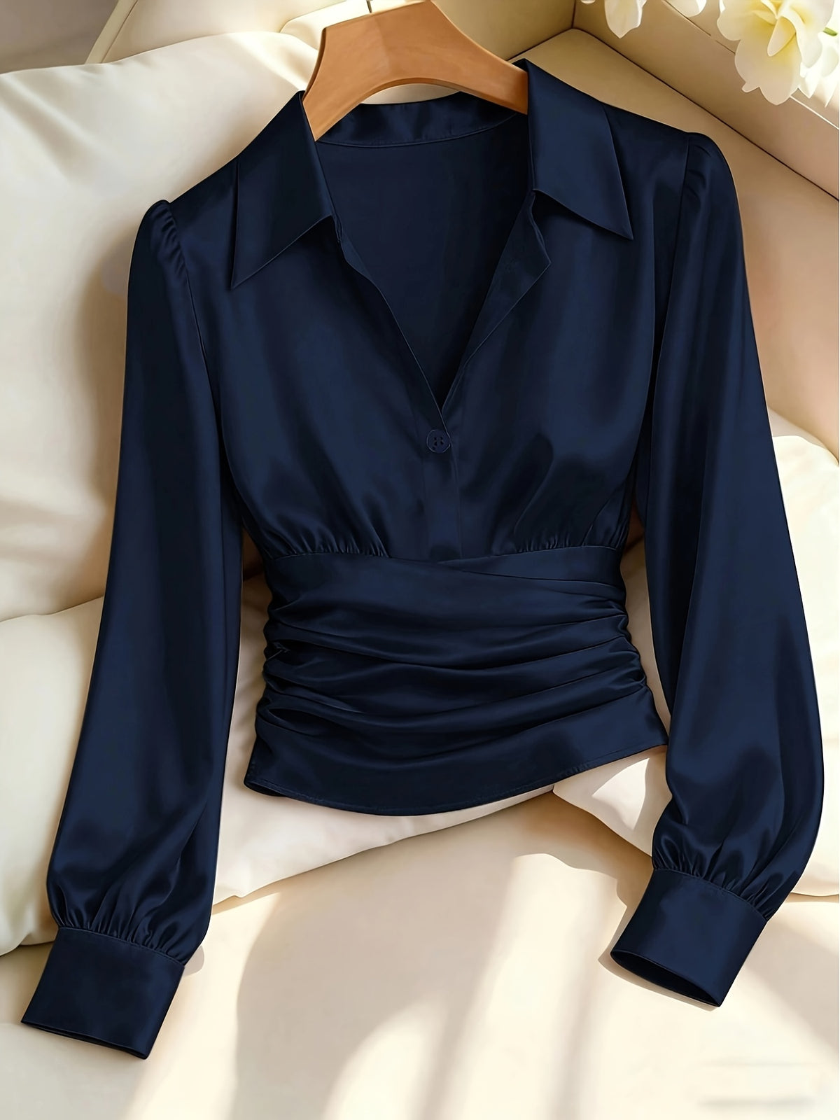 Kelda | Women's Ruched Waist V-Neck Satin Blouse