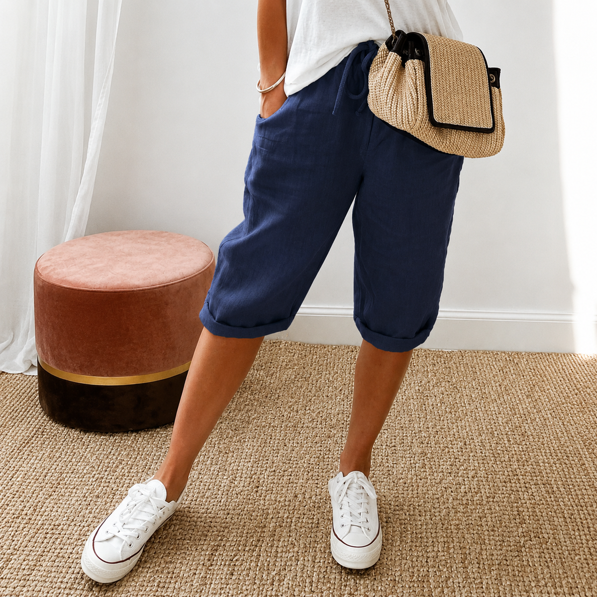 Elena | Women's High-Waist Cropped Trousers with Drawstring Waist