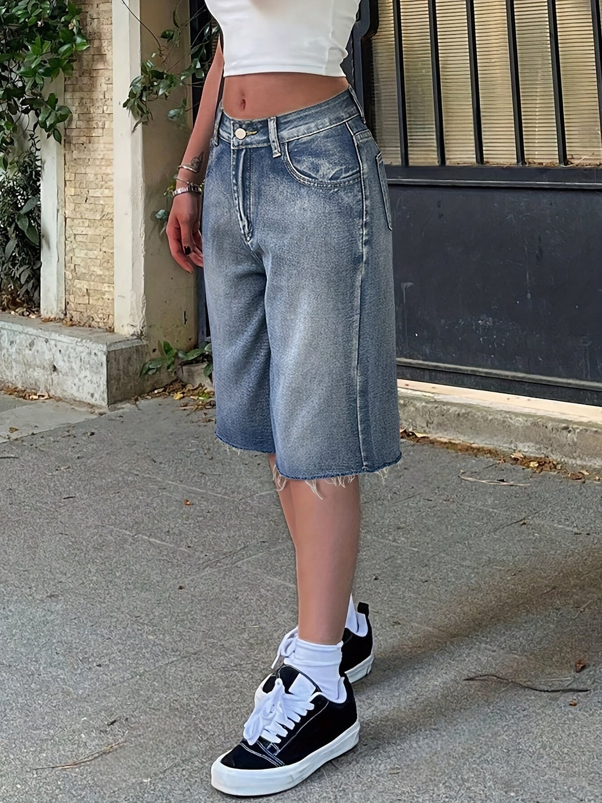 Rosemarie | Women's High-Waisted Wide-Leg Knee-Length Denim Shorts