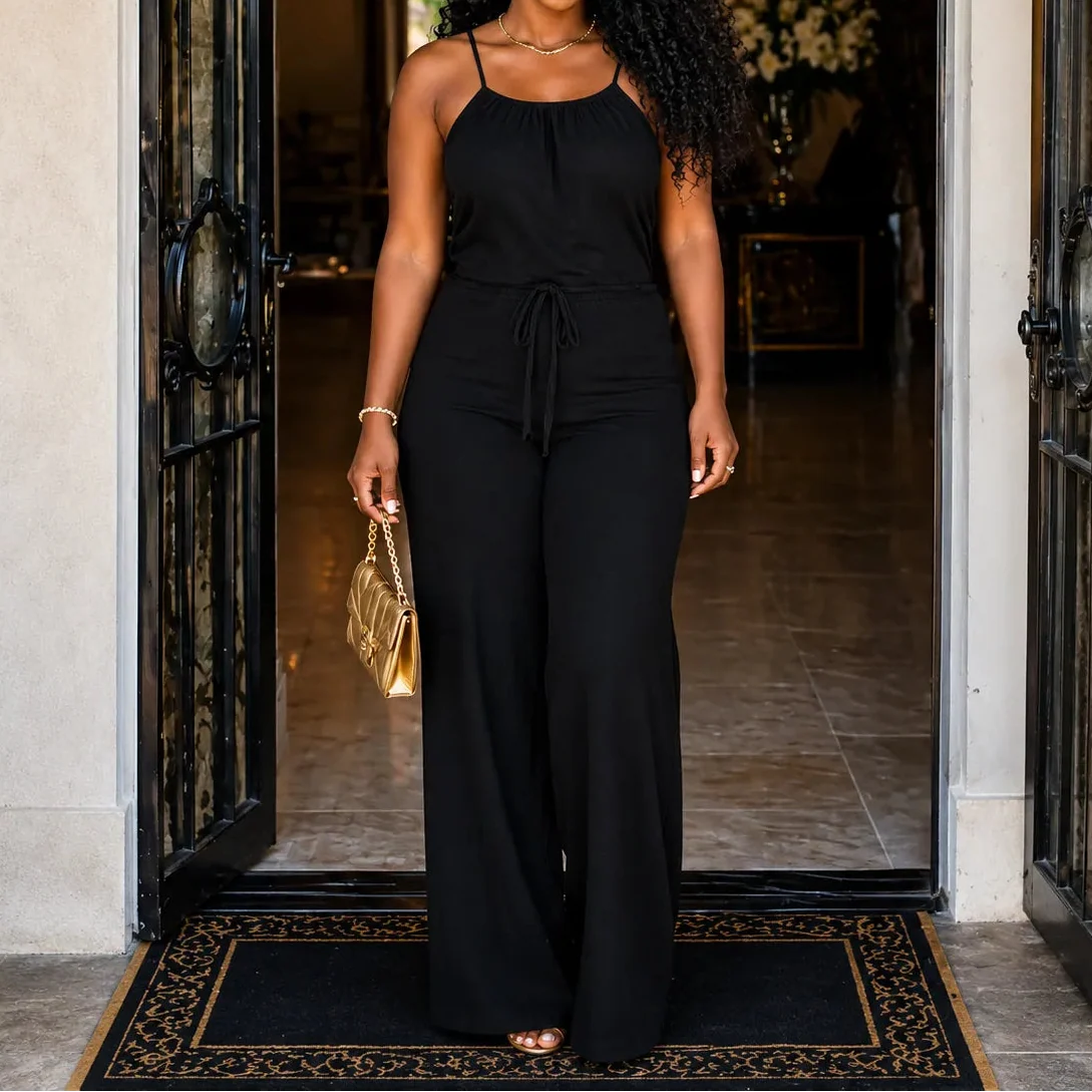 Laura | Women's Halter Wide-Leg Drawstring Jumpsuit