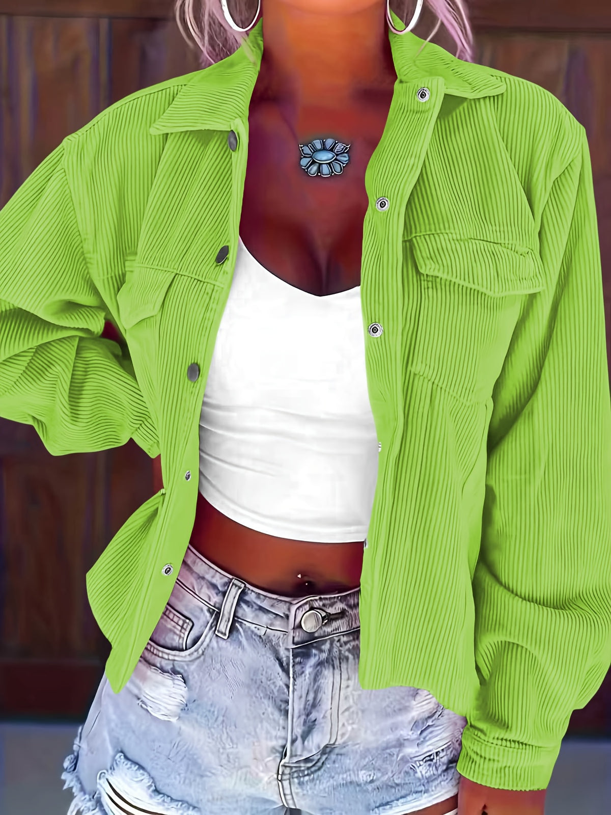 Denise | Women's Ribbed Corduroy Shacket with Flap Pockets