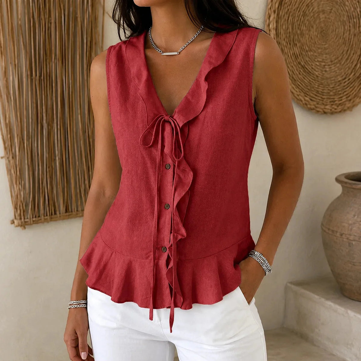 Leontine | Women's Ruffle V-Neck Peplum Blouse with Bow Tie