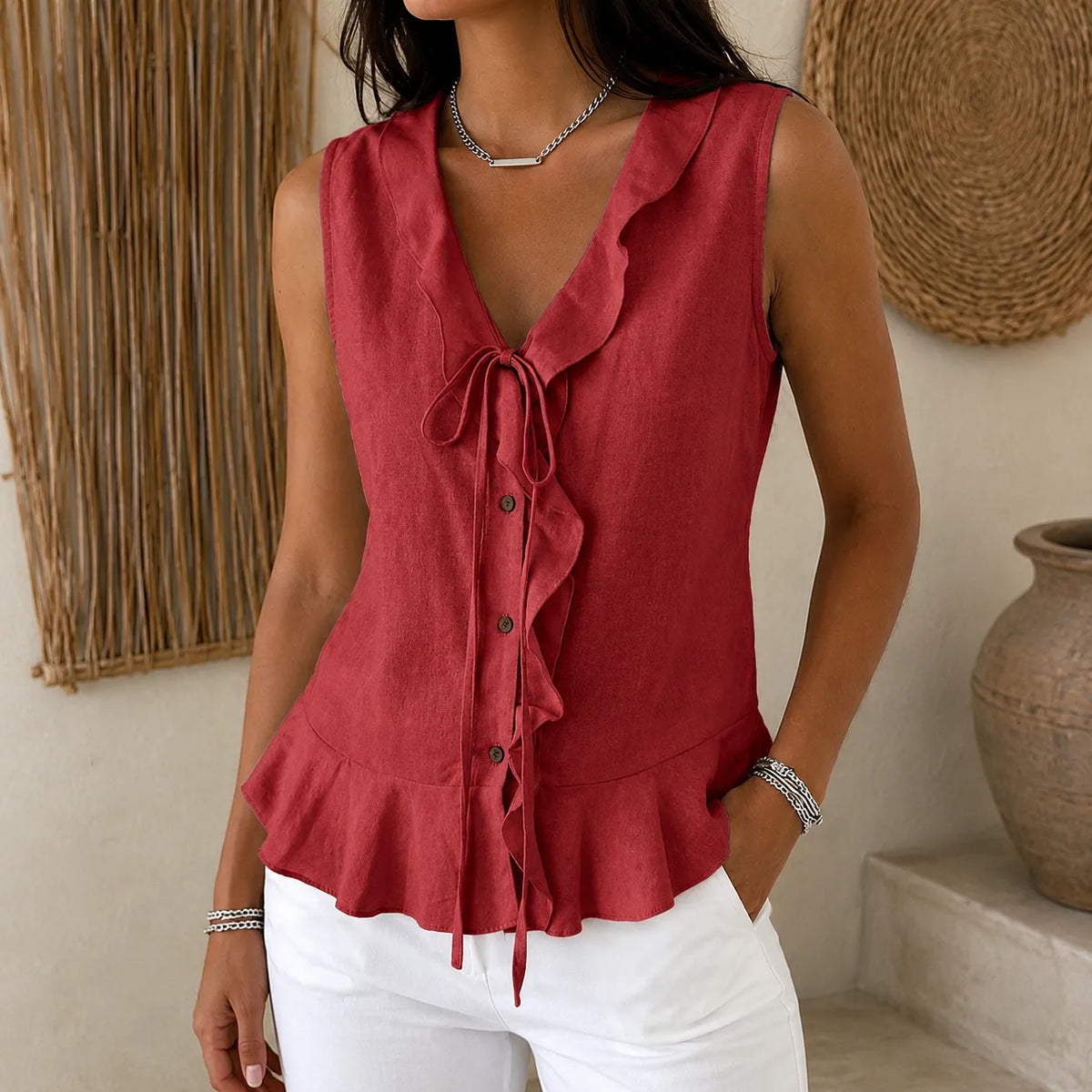 Rikke | Women's Ruffle V-Neck Peplum Blouse with Bow Tie