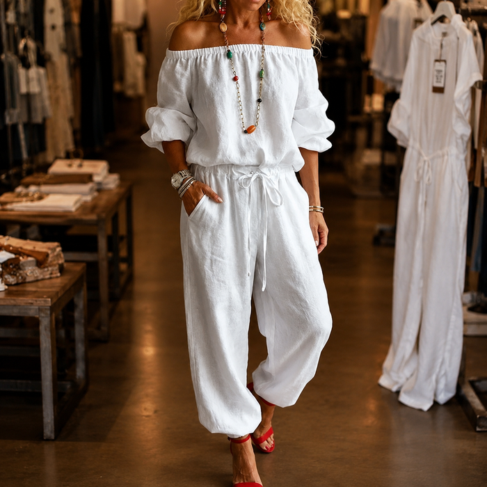 Rita | Women's Off-Shoulder Belted Jumpsuit with Ankle Cuff