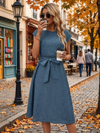 Nadja | Women's Belted A-Line Midi Dress with Cap Sleeves
