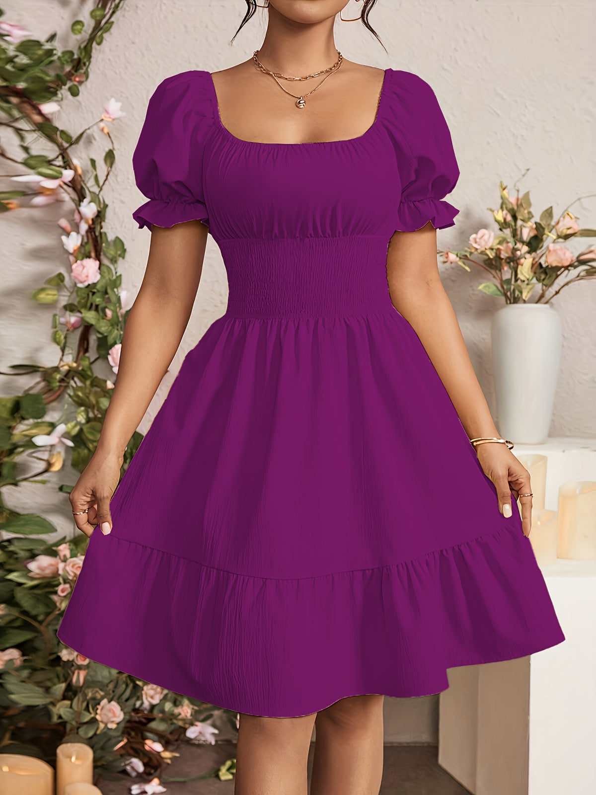 Mieke | Women's Square-Neck Puff-Sleeve A-Line Midi Dress