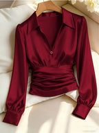 Kelda | Women's Ruched Waist V-Neck Satin Blouse