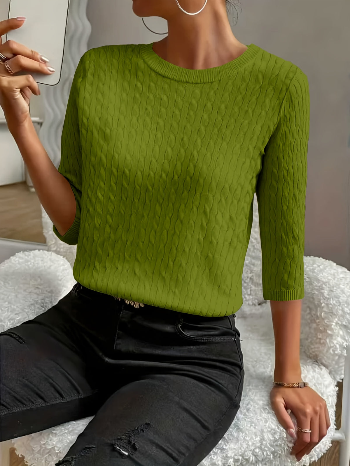 Kristin | Women's Ribbed Crew Neck Three-Quarter Sleeve Sweater