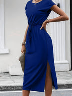 Monique | Women's Belted Cap-Sleeve Side-Slit Midi Dress