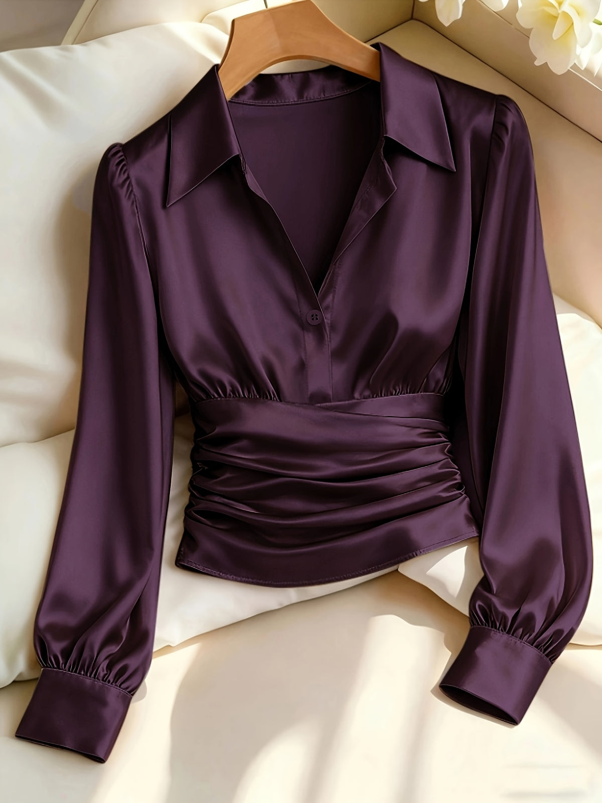 Kelda | Women's Ruched Waist V-Neck Satin Blouse