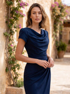 Savannah | Women's Cowl Neck Fitted Midi Dress with Cap Sleeves