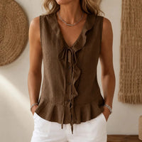 Leontine | Women's Ruffle V-Neck Peplum Blouse with Bow Tie