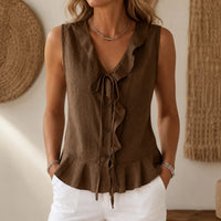 Rikke | Women's Ruffle V-Neck Peplum Blouse with Bow Tie