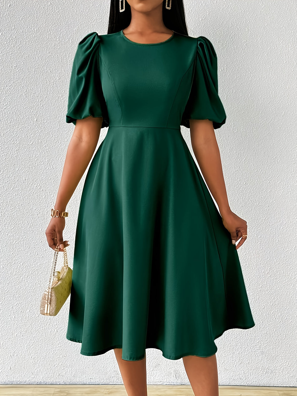 Thalie | Women's Puff Sleeve Cocktail Dress Midi Length
