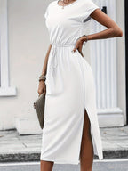 Monique | Women's Belted Cap-Sleeve Side-Slit Midi Dress