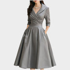 Meike | Women's V-Neck A-Line Midi Dress with Side Pockets