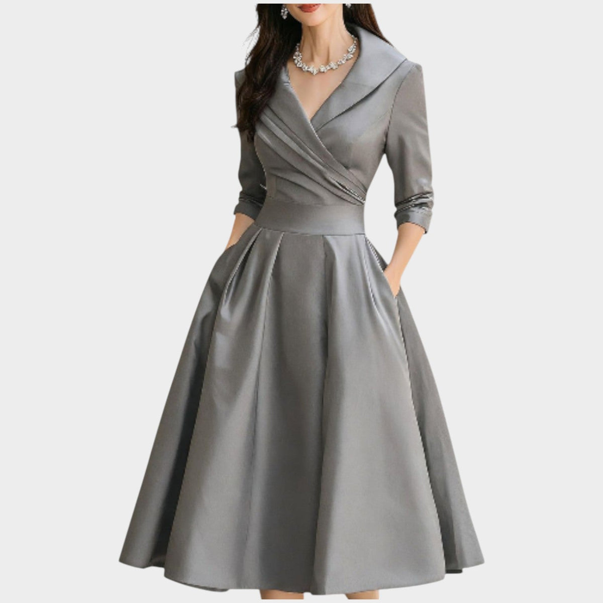 Meike | Women's V-Neck A-Line Midi Dress with Side Pockets