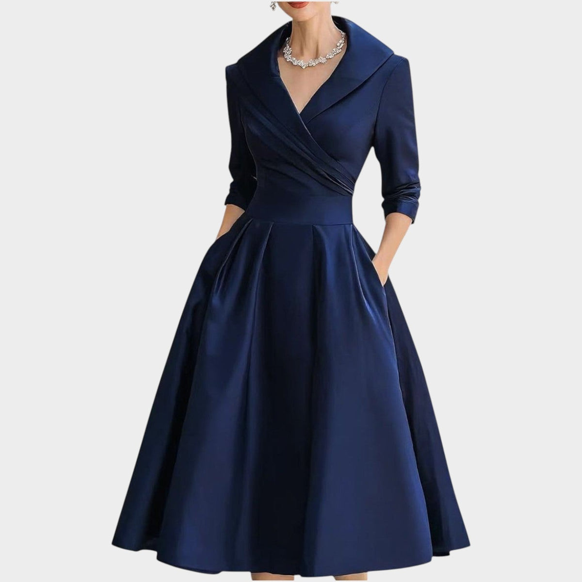 Meike | Women's V-Neck A-Line Midi Dress with Side Pockets