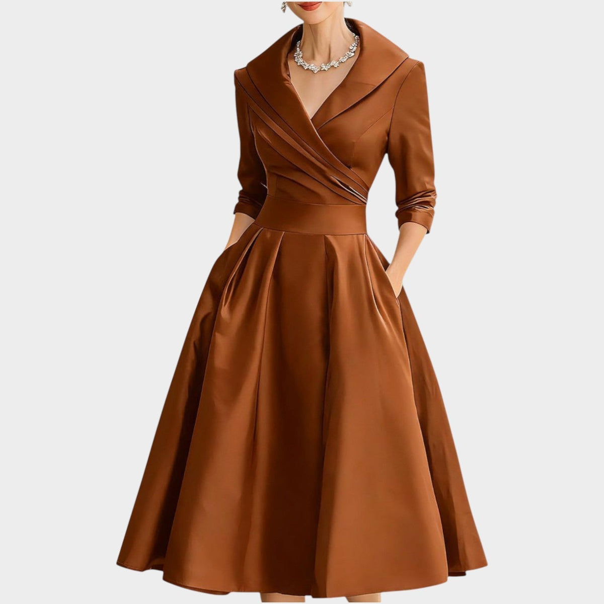 Meike | Women's V-Neck A-Line Midi Dress with Side Pockets
