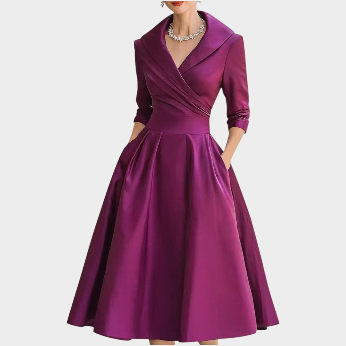 Meike | Women's V-Neck A-Line Midi Dress with Side Pockets