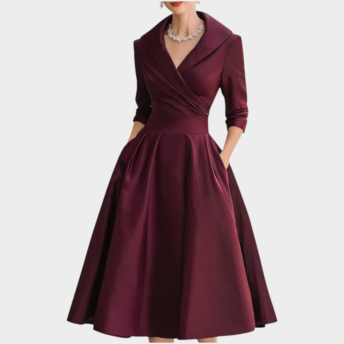 Meike | Women's V-Neck A-Line Midi Dress with Side Pockets