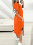 Elvira | Women's Round Neck Slit Midi T-Shirt Dress