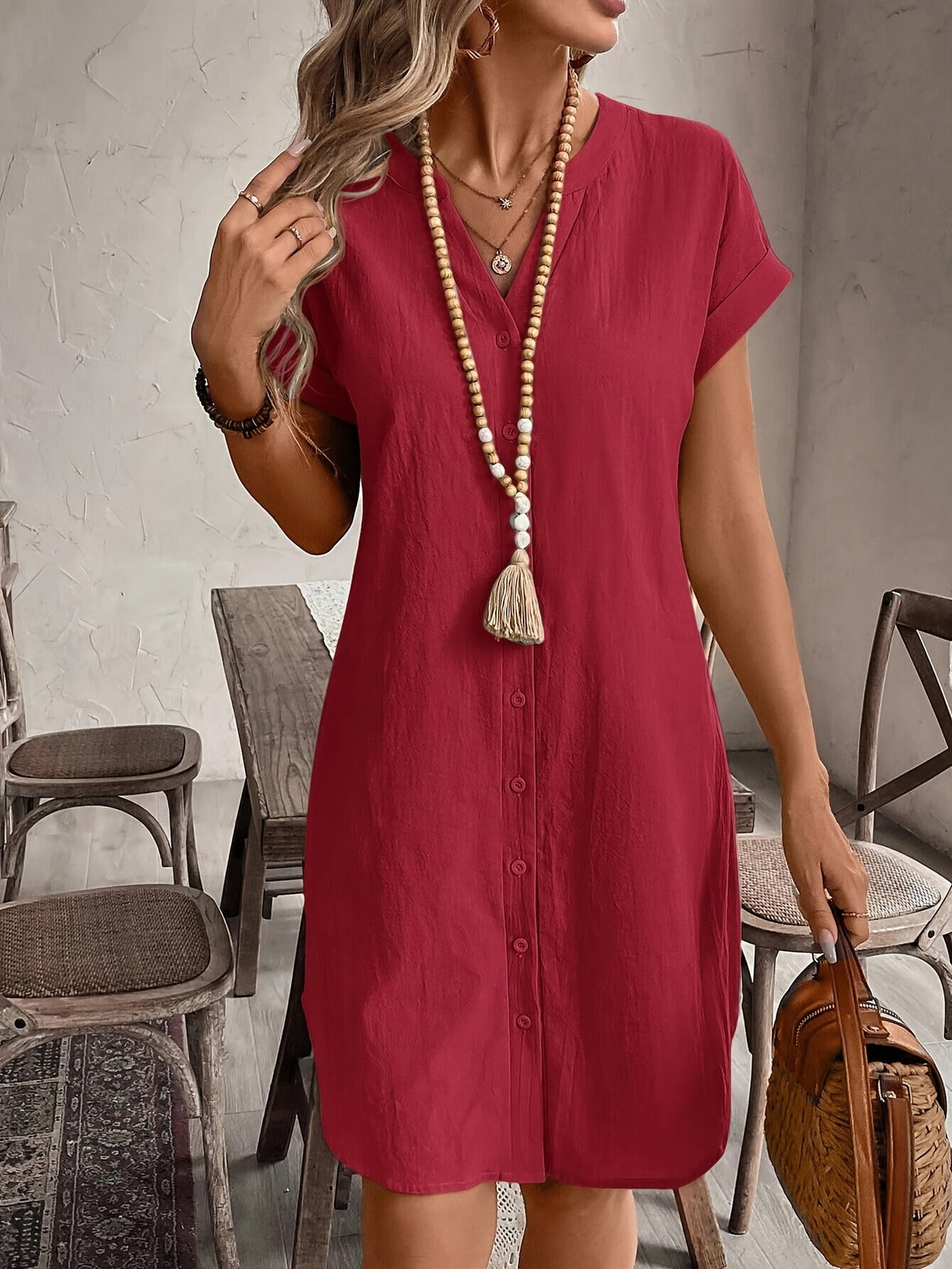 Simone | Women's Button-Front V-Neck Mini Dress