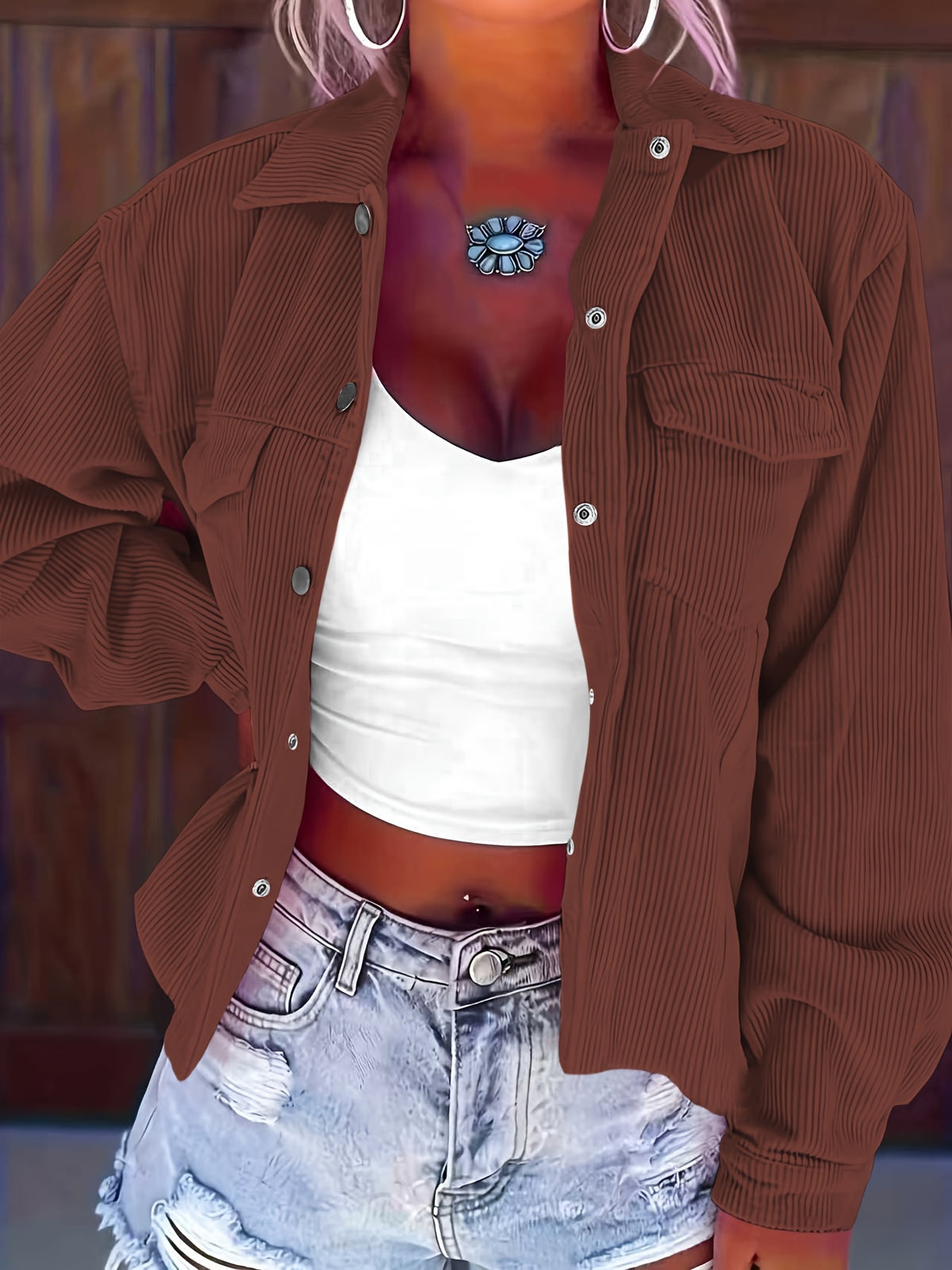 Denise | Women's Ribbed Corduroy Shacket with Flap Pockets