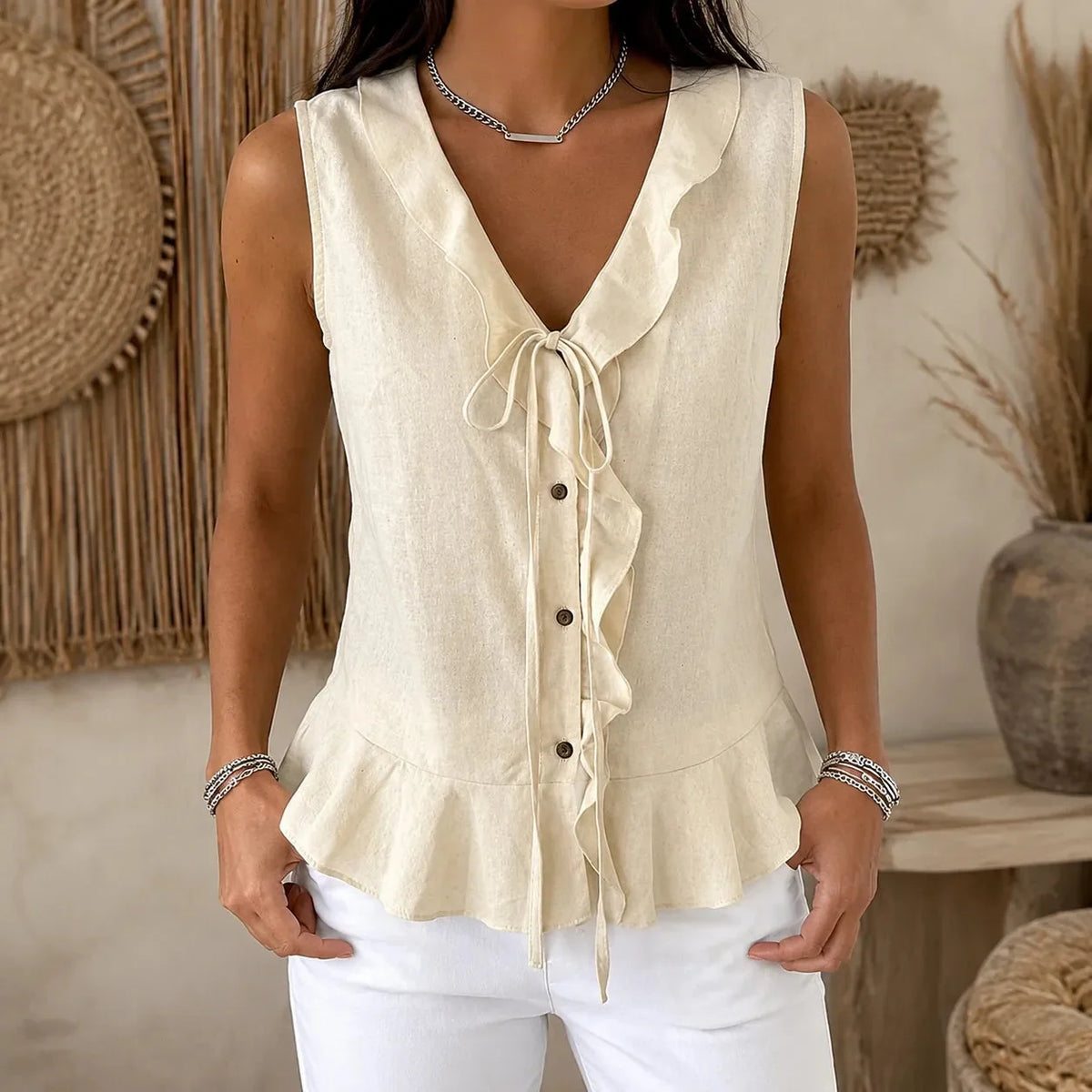 Leontine | Women's Ruffle V-Neck Peplum Blouse with Bow Tie