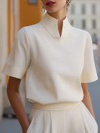 Lentje | Women's Stand Collar Short Sleeve Blouse with Button Front