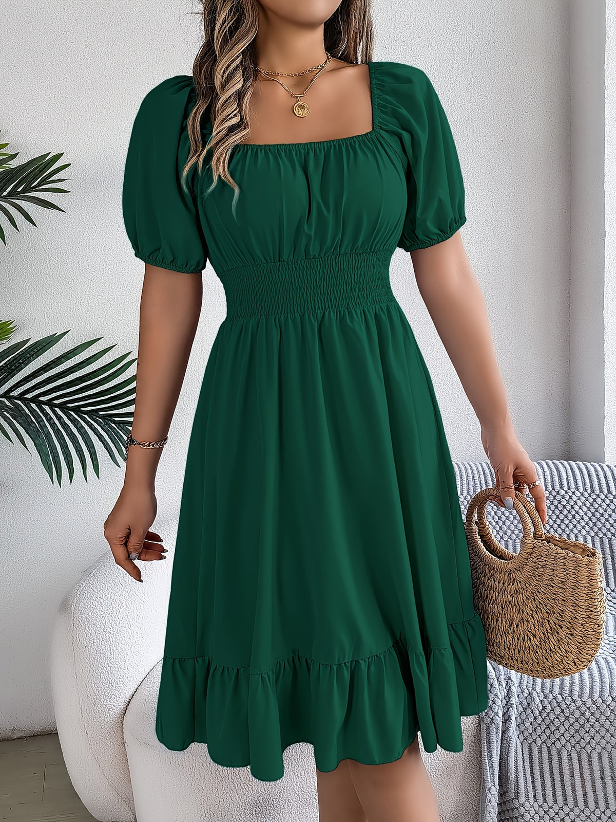 Mette | Women's Square-Neck Puff-Sleeve A-Line Midi Dress