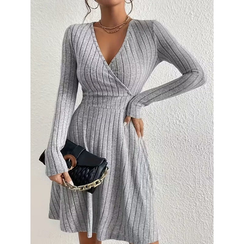 Daniela | Women's Ribbed Knit A-Line Dress with V-Neck