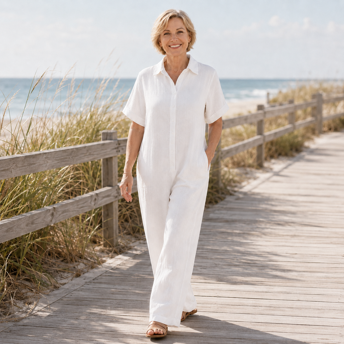 Naomi | Women's Wide-Leg Button-Front Shirt Collar Jumpsuit