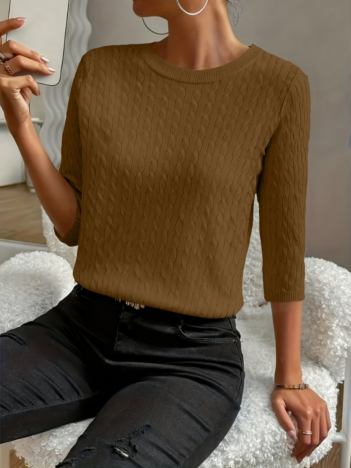 Kristin | Women's Ribbed Crew Neck Three-Quarter Sleeve Sweater
